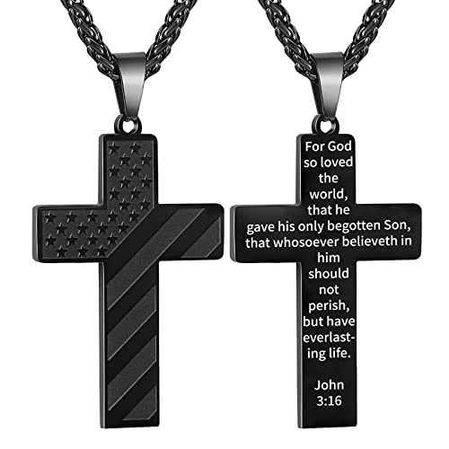 DuoDiner Black Cross Necklace for Boys Men Pendant Chain Stainless Steel American Flag John 3:16 Bible Verse Religious Jewelry Gift