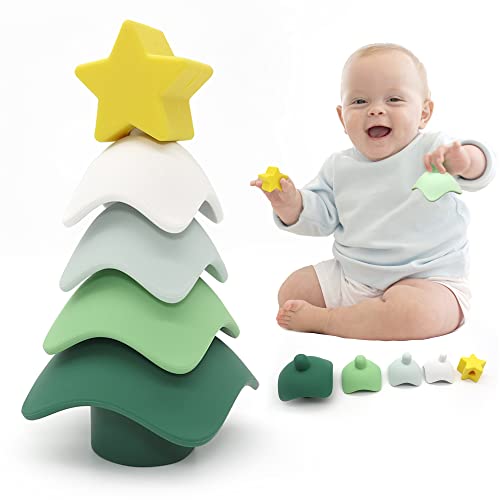 Stacking & Nesting Toy, Christmas Toys for Babies Silicone Block Toys, Soft Building Rings Stacker & Teethers Sensory Montessori Toys for Toddlers Kids, Xmas Gift Tabletop Decoration(Christmas Tree)