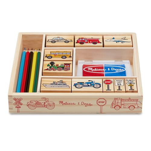 Melissa & Doug Wooden Stamp Set: Vehicles - 10 Stamps, 5 Colored Pencils, 2-Color Stamp Pad