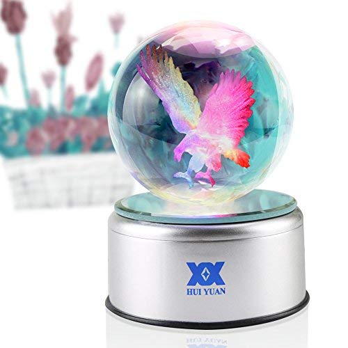 HUI YUAN Eagle Gifts 3D Crystal Ball Bald Eagle Statue Figurines Collectibles LED Table Lamp Night Light Clear Engraved 80mm Silver Rotating 7 Colors USB Scout Bird Phoenix for Boys Christmas