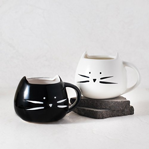Set of Two Black And White 12oz Kitty Ceramic Mugs Comes in Beautiful Retail Packaging. Great Holiday Gift for Cat Lovers