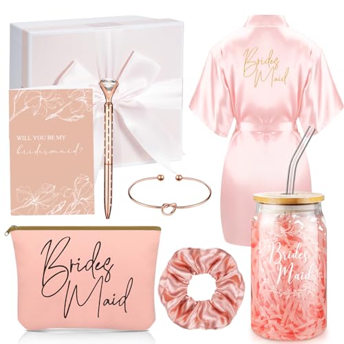 Irenare 8 Pcs Bridesmaid Proposal Gifts Set Robes Makeup Bag Cup Cards Hair Tie Bracelet Diamond Pen Maid of Honor Gift Box (Pink)