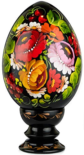 Hand Painted Lacquered Pysanka Wooden Egg on Holder, Large Fancy Petrykivka Ethnic Style Easter Souvenir from Ukraine in a Gift Box, Jumbo Size (Yellow Red and Violet)