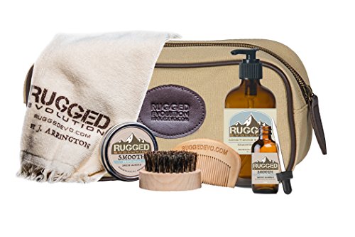 Rugged Evolution [Smooth (Sweet Almond) - Mild Strength] Premium Beard Care Combo [Rugged Distinction] - Facial Hair Care Balm, Beard Oil & Shampoo - Grooming Towel, Brush, Comb & Bag (7 Piece)