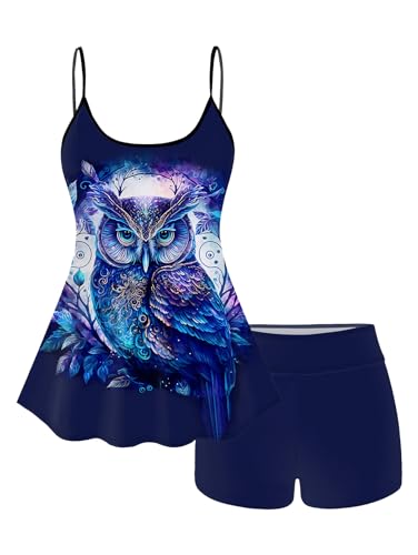 Rosegal Plus Size Women Gothic Tummy Control Modest Tankini Swimsuit Owl Boyleg Padded Tankini Athletic Swimwear Boyshorts Tankini Set Bathing Suit(Deep Blue_1/L)