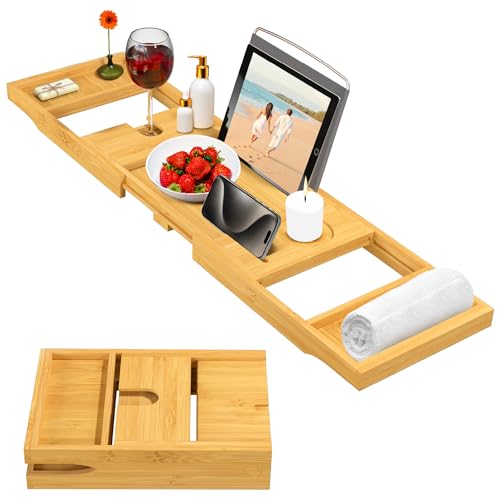 Bambüsi Foldable Bathtub Tray - Expandable Bamboo Bath Caddy with Wine, Book & Tablet Holder - Luxurious Bath Accessories, Perfect Spa Experience - Unique Gifts for Mom, Women, Couples, Housewarming