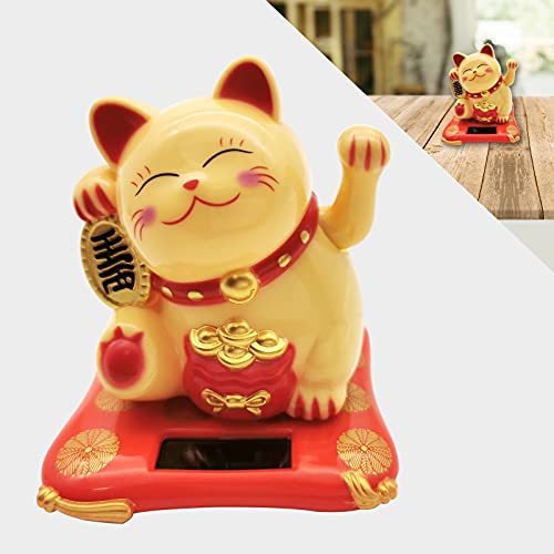 KOXXUD Lucky Cat Waving Arm Set, Vivid and Lovely Chinese Cat, Solar Fortune Cat Statue Decorations for Decorating Front Desk, Car, Business Openings, 2.95IN, Yellow, 1PCS