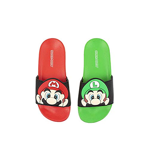 Super Mario Nintendo Sandals, Mario and Luigi Mismatch Slide Sandal,Boys Size 12 to 13 (12-13) Red Green