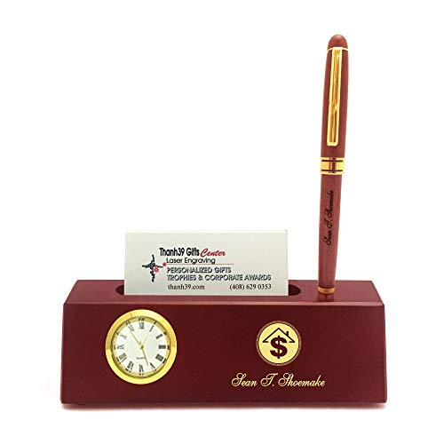 Personalized Solid Rosewood Business Card Holder with Clock and Pen for Banker