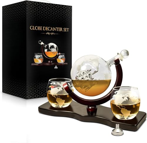 Flybold Whiskey Decanter Sets for Men - World Etched Globe Decanter 850 ml with Antique Ship, Glass Stopper, Liquor Dispenser and Pour Funnel, Suitable Gifts for Men - Includes 2 Glasses and Wood Tray