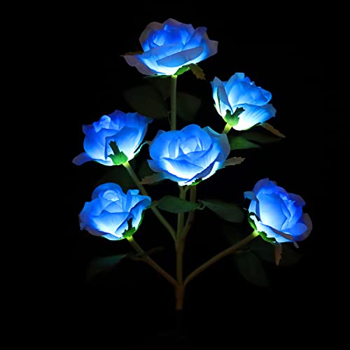 HUGSVIK [New Designed 6 Flowers] Solar Garden Decorative Lights, Blue Artificial Flowers, Waterproof Grave Decorations for Cemetery Memorial Garden Mom Dad Grandma Wife