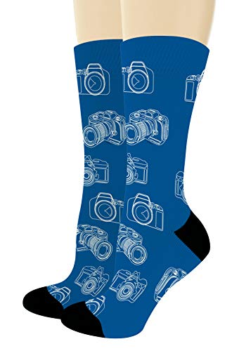 ThisWear Photographer Gifts Camera Socks Blue & White Sketch Camera Print Socks Novelty Crew Socks
