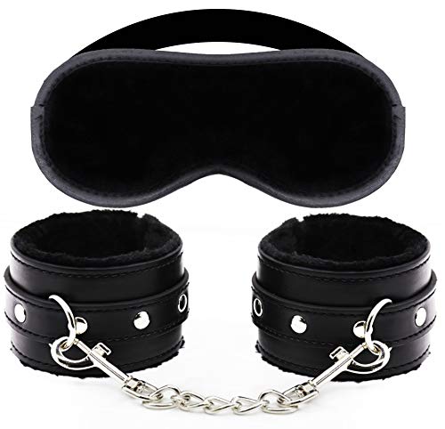 Soft Velvet Cloth Blindfold Eye Mask, Fur Leather Handcuffs Good for Sex Play (Black)