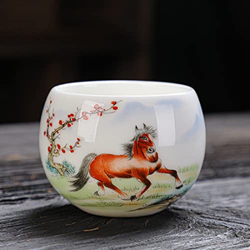 Sheep Fat Jade Ceramic Tea Cups, White Porcelain Teacup of Chinese Zodiac, Large 150ML Tea Cup for Household Use,Horse