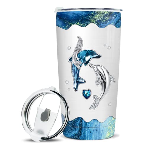 Wassmin Dolphin Tumbler Dolphin Gift For Women Girls Teen Dolphins Jewelry Drawings Stainless Steel Insulated Tumblers Coffee Travel Mug Cup 20oz With Lid Birthday Christmas Presents