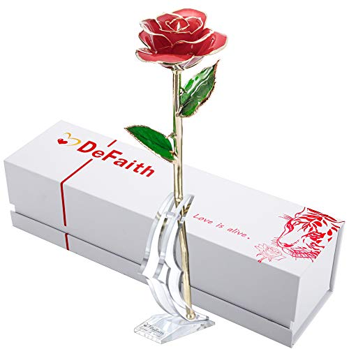 DEFAITH 24K Gold Rose Made from Real Fresh Long Stem Rose Flower, Great Anniversary Gifts for Her, Red with Stand