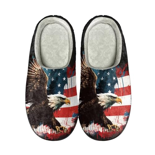 Showudesigns Bald Eagle House Slippers for Women Fuzzy Slippers Winter Warm Home Shoes Size 9-10 Teen Girls Bedroom Slipper Indoor Outdoor Flats Party American Flag Slippers