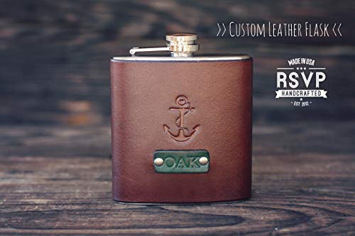 Custom Leather Flask, Handmade personalized gift for your boyfriend, Groomsman, husband, best man. Anchor. Nautical. Pick Initials, text