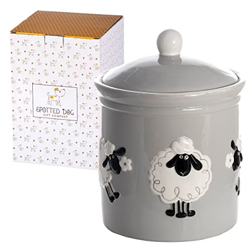SPOTTED DOG GIFT COMPANY Sheep Kitchen Canister for Countertop, Ceramic Food Storage Jar with Lid, Sugar Flour Treat Container, Cute Kitchen Accessories Decor Gifts for Sheep Lovers, Gray 42oz