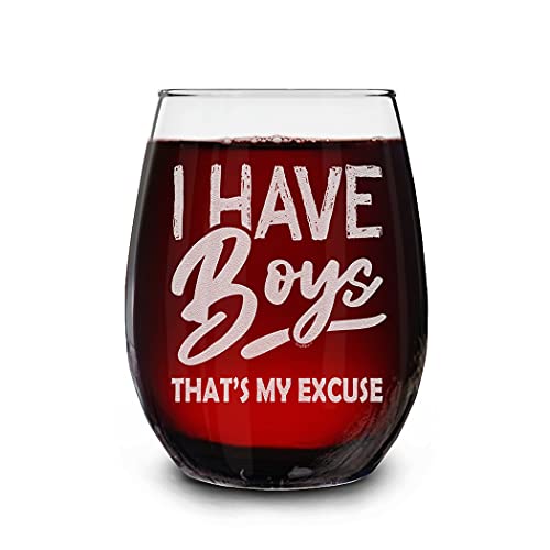 shop4ever I Have Boys That’s My Excuse Engraved Stemless Wine Glass 15 oz. Gift for Mom