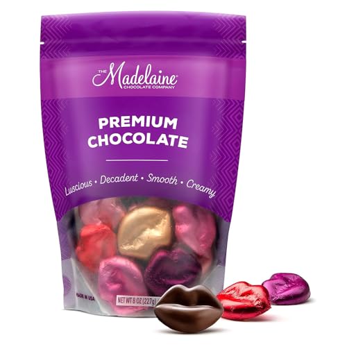 Madelaine Chocolate Company Solid Premium Milk Chocolate Lips - American-Made, Swiss-Formulated - Individually Wrapped Two-Sided Lipstick-Colored, 8oz