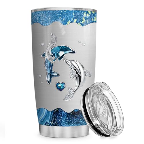 Wassmin Dolphin Tumbler Dolphin Gift For Women Girls Teen Dolphins Jewelry Drawings Stainless Steel Insulated Tumblers Coffee Travel Mug Cup 20oz With Lid Birthday Christmas Presents