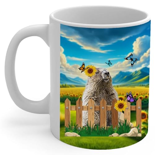 Lovesout Farmhouse Fence-Themed Design with Woodchuck Groundhog Coffee Mug White Ceramic Tea Cup 11oz Pet Owner Gifts