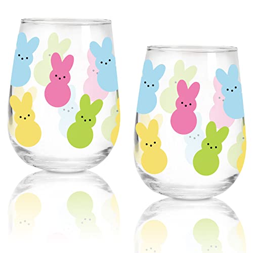 Whaline 2Pcs Easter Stemless Wine Glasses 17oz Bunny Drinking Glasses Colorful Easter Bunny Tumbler Cups Easter Party Cups for Easter Spring Party Supplies Kitchen Decorations Gifts