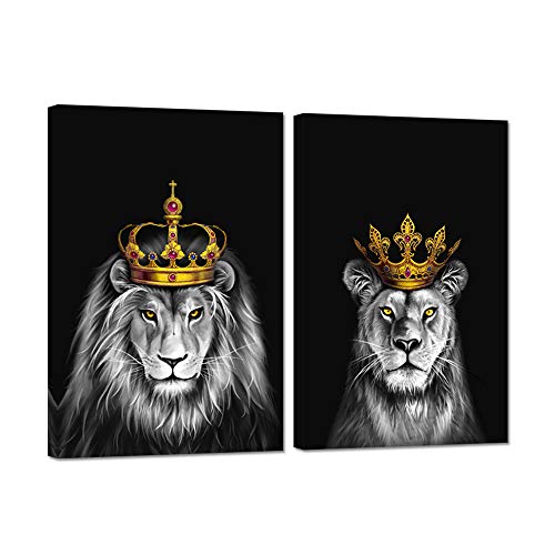 iHAPPYWALL 2 Pieces Set Lion and Lioness Canvas Wall Art Black and White Lion with Gold Crown King Animal Picture Artwork for Bedroom Home Decor Ready to Hang 16x24inchx2pcs