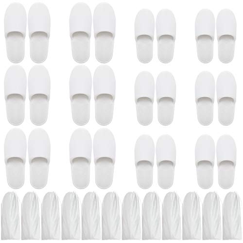 Spa Slippers (12 Pairs) with Drawstring Bags - White Fluffy Closed Toe Disposable Slippers - Two Size(S, L) Fits Most Men, Women - Perfect for Bathroom, Guests, Travel, Home, Wedding, Hotel Use