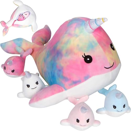 PixieCrush Stuffed Unicorn Pillow with 4 Unicorn Babies - Magical Rainbow Plushie for Girls Ages 3-8 - Enchanting Unicorn Toys