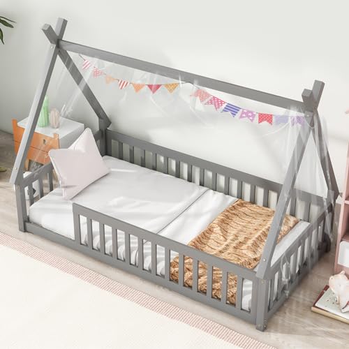 Tatub Twin Montessori Floor Bed Frame with Railings and Roof, Montessori House Bed for Kids, Wood Tent Floor Bed, Montessori Teepee Bed for Girls and Boys, Grey