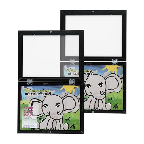First Impressions Quick Change Kids Art Frame - 9x12 Black, Pack of 2- Unique Front-Load, Hinged Artwork Frames for Kids Art - Horizontal/Vertical Display, Plexiglass made to last without yellowing