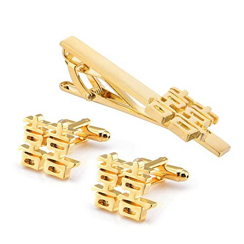 Jonwo Double Happiness Cufflinks in a Gift Box Chinese Wedding Shuangxi Cuff Links Jewelry for Traditional Wedding Party Gift (Gold Plated Cufflinks Tie Clip Set)