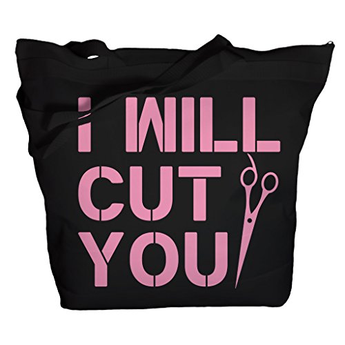 Shirts By Sarah Tote Bag Funny Hairdresser I Will Cut You Zippered Totes (Black/Pink One Size)