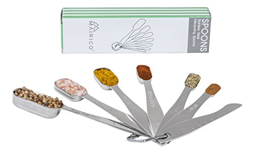 MAIRICO Premium Stainless Steel Rectangular Measuring Spoons - Set Of 6 with Leveler and D-ring Holder