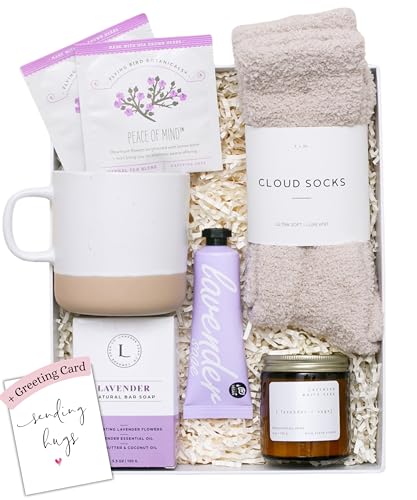 Unboxme Lavender Spa Gift Set - Relaxation Gifts For Women - Get Well Soon Gift Basket with Scented Candle, Bath Bomb, Soap