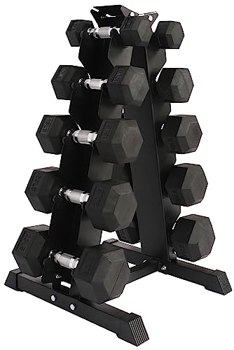 Signature Fitness 150LB Rubber Coated Hex Dumbbell Weight Set with A-Frame Storage Rack, 5-25 lbs Pairs, Black