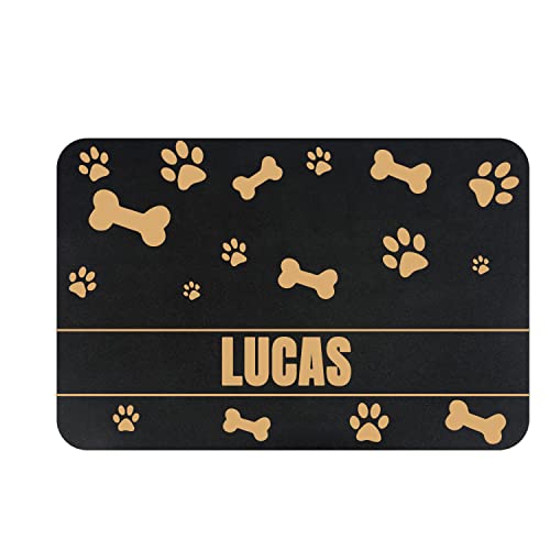 JMIPET Personalized Dog Cat Food Mat PU Non-Slip at The Bottom Dog Bowl Mat Dog Mat for Food and Water Custom Pet Dog Food Mats for Floors Waterproof (Golden Bone and paw Prints)