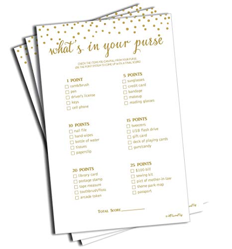 What's in Your Purse (Pack of 50) - Bridal Shower Games - Wedding Shower Games - Bachelorette Party Games - Gold Confetti