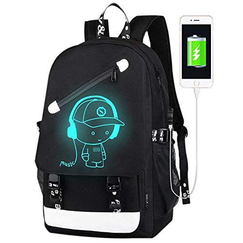 FLYMEI Anime Backpack for Boys, 15.6'' Laptop Backpack with USB Charging Port, Bookbag for School with Anti-Theft Lock, Black Teens Backpack Cool Backpack for Boys, Music Boy