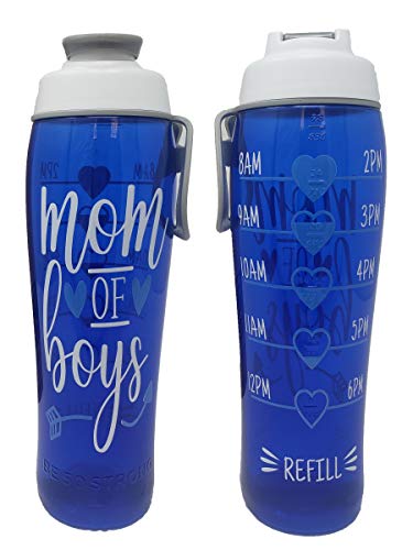 BPA Free Reusable Water Bottle with Time Marker - Motivational Fitness Bottles - Hours Marked - Drink More Water Daily - Tracker Helps You Drink Water All Day -Made in USA (Mom of Boys, 30 oz.)