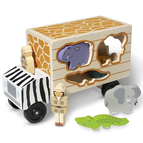 Melissa & Doug Animal Rescue Shape-Sorting Truck - Wooden Toy With 7 Animals and 2 Play Figures -Vehicle Toys For Toddlers