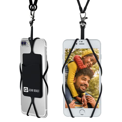 Gear Beast Cell Phone Lanyard - Universal Neck Phone Holder w/Card Pocket and Silicone Neck Strap (Black)