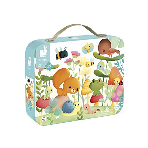 Janod 20 Piece Children’s Jigsaw Puzzle - Garden Friends Puzzle - Giftable Carrying Case with Fabric Handle - Whimsical Mushroom Forest - Ages 2-5 Years - J02534