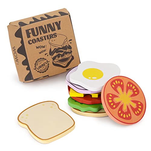 Yuseful Sandwich Funny Coasters for Drinks, Sets of 8 Wood Coasters with Non-Slip pads, Cool Coasters for Coffee Table, Fun Drink Coasters for Tabletop, Unique Birthday/Housewarming Gifts, 4 Inches