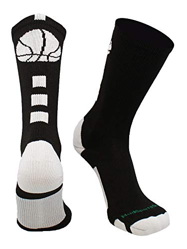 MadSportsStuff Basketball Socks with Basketball Logo Crew Socks (Black/White, Small)
