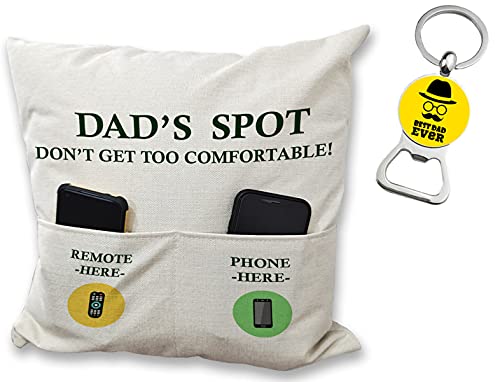ZUYUROU Gifts for Dad from Daughter Wife Son, 2-Pocket Dad’s Spot Throw Pillow Covers 18 x 18 Inch + Keychain Bottle Opener, Birthday Christmas Thanksgiving Day Gifts for Papa Stepdad