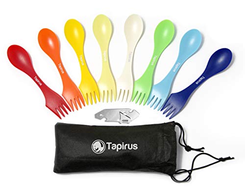 Tapirus Spork to Go V8 Set - 8 Colorful Durable and BPA Free Sporks - Spoon, Fork and Knife Combo Utensils Flatware Mess Kit for Camping and Outdoor Activities - with Bottle Opener and Carrying Case