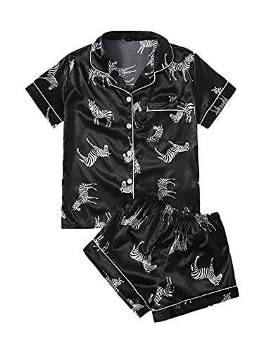 WDIRARA Women's Sleepwear Zebra Print Shirt and Shorts Cute Pajama Set Animal Black L